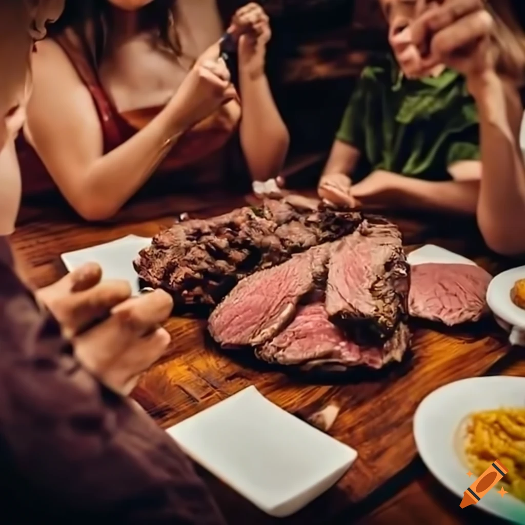 family enjoying roast beef dinner