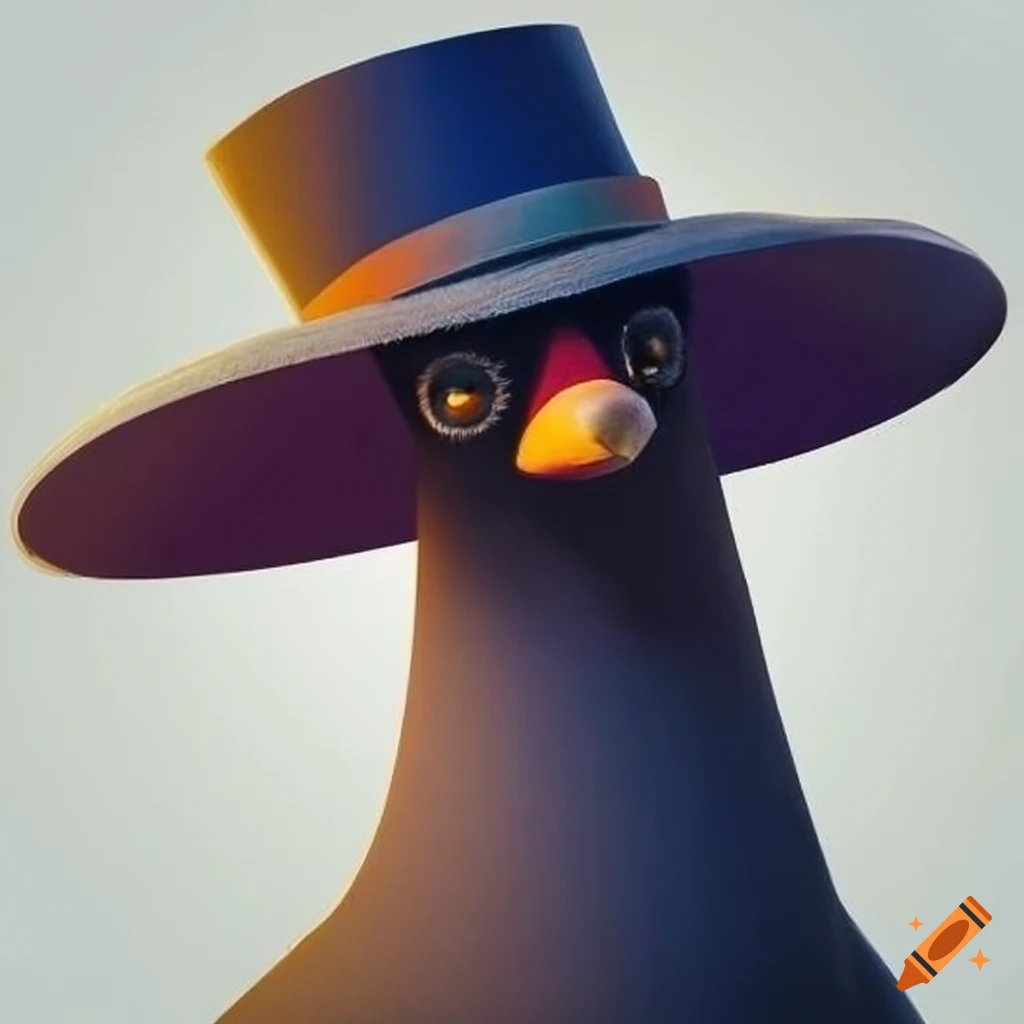artistic depiction of a bird wearing a hat