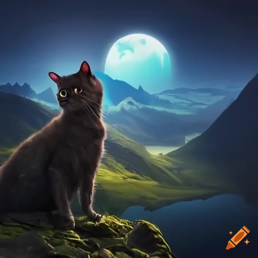 Fantasy cat in front of a stunning mountain view
