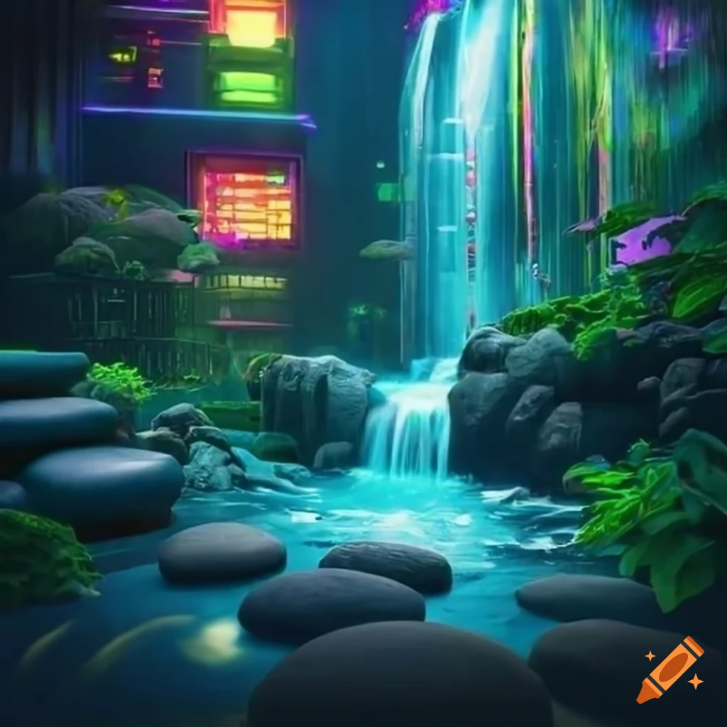 zen garden in a futuristic cyberpunk setting