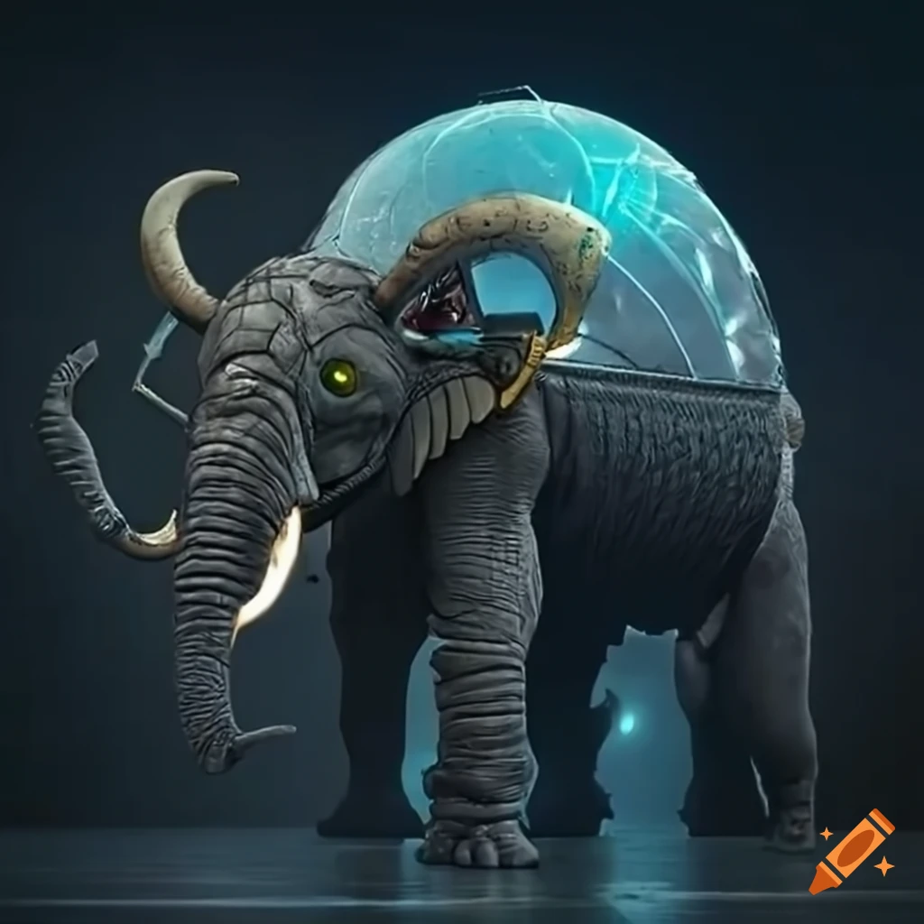 scifi artwork of a cyborg riding an elephant