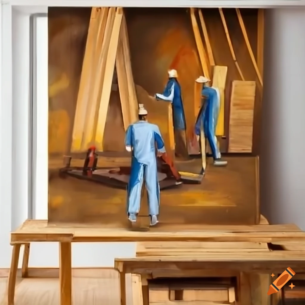carpentry shop with workers building cabinets