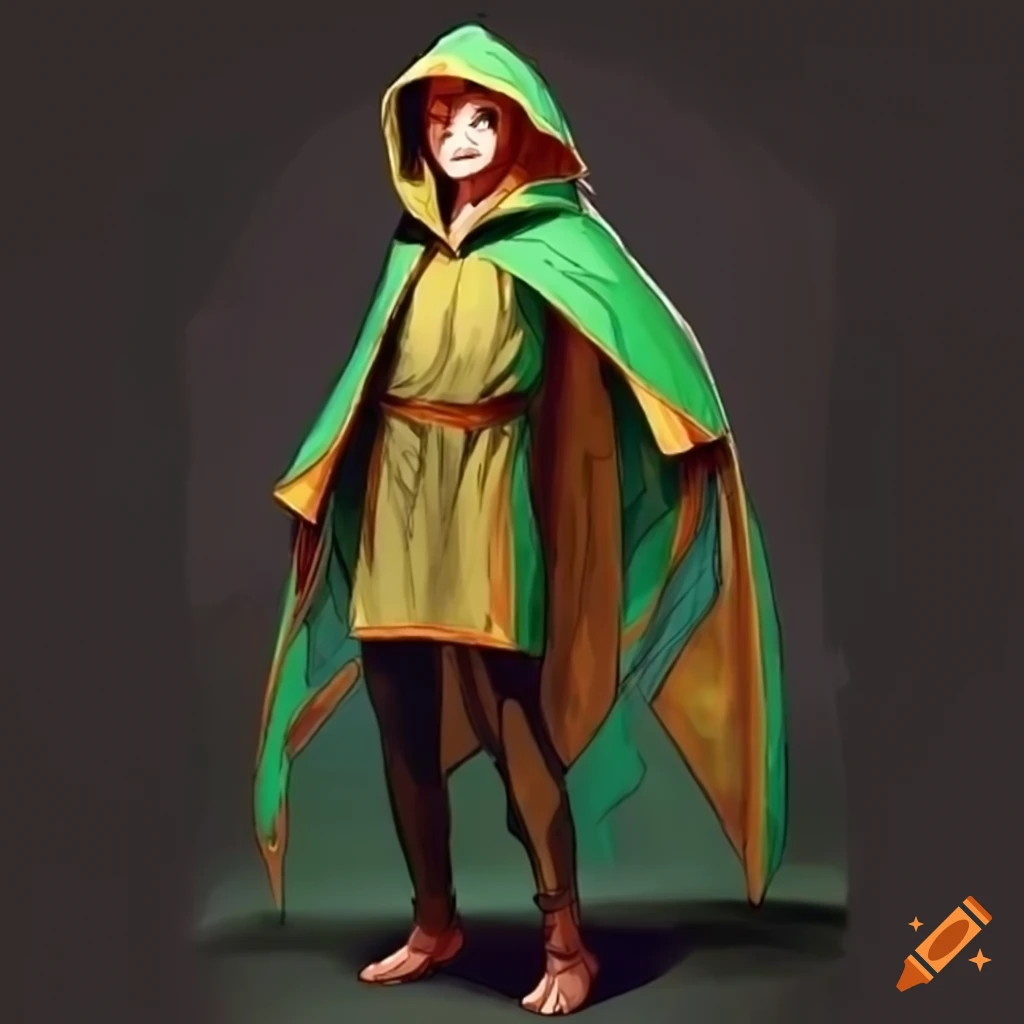Illustration of a young boy in a green hooded robe with gold patterns