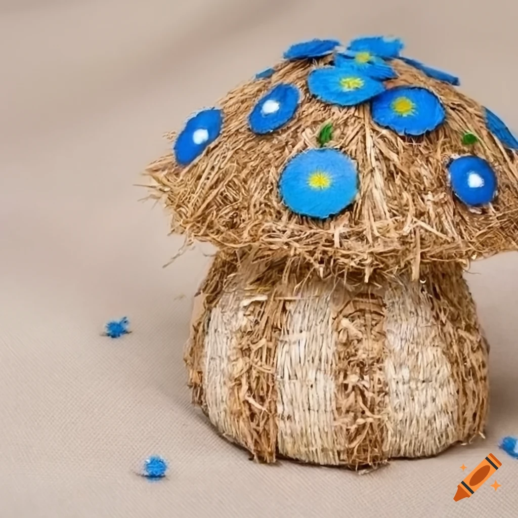 straw mushroom with blue flowers on linen fabric