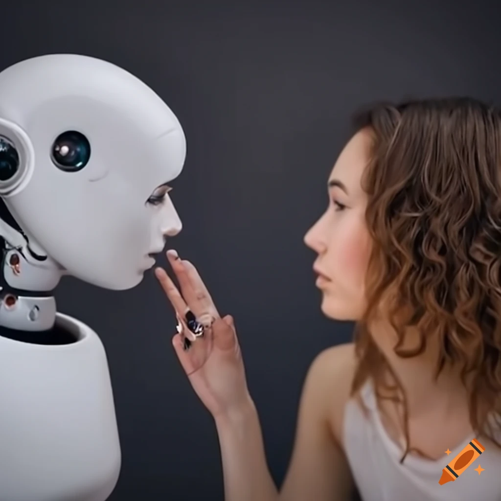 woman and AI robot making eye contact