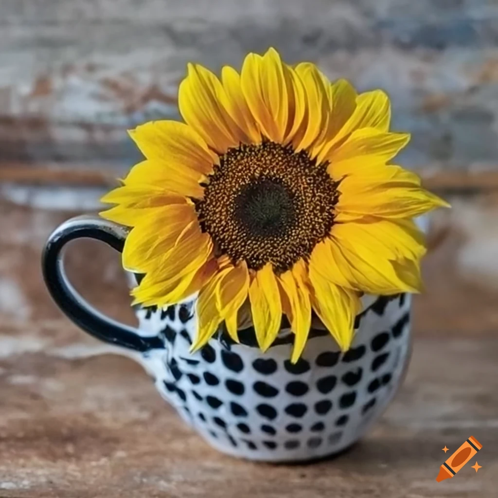 cup filled with sunflowers