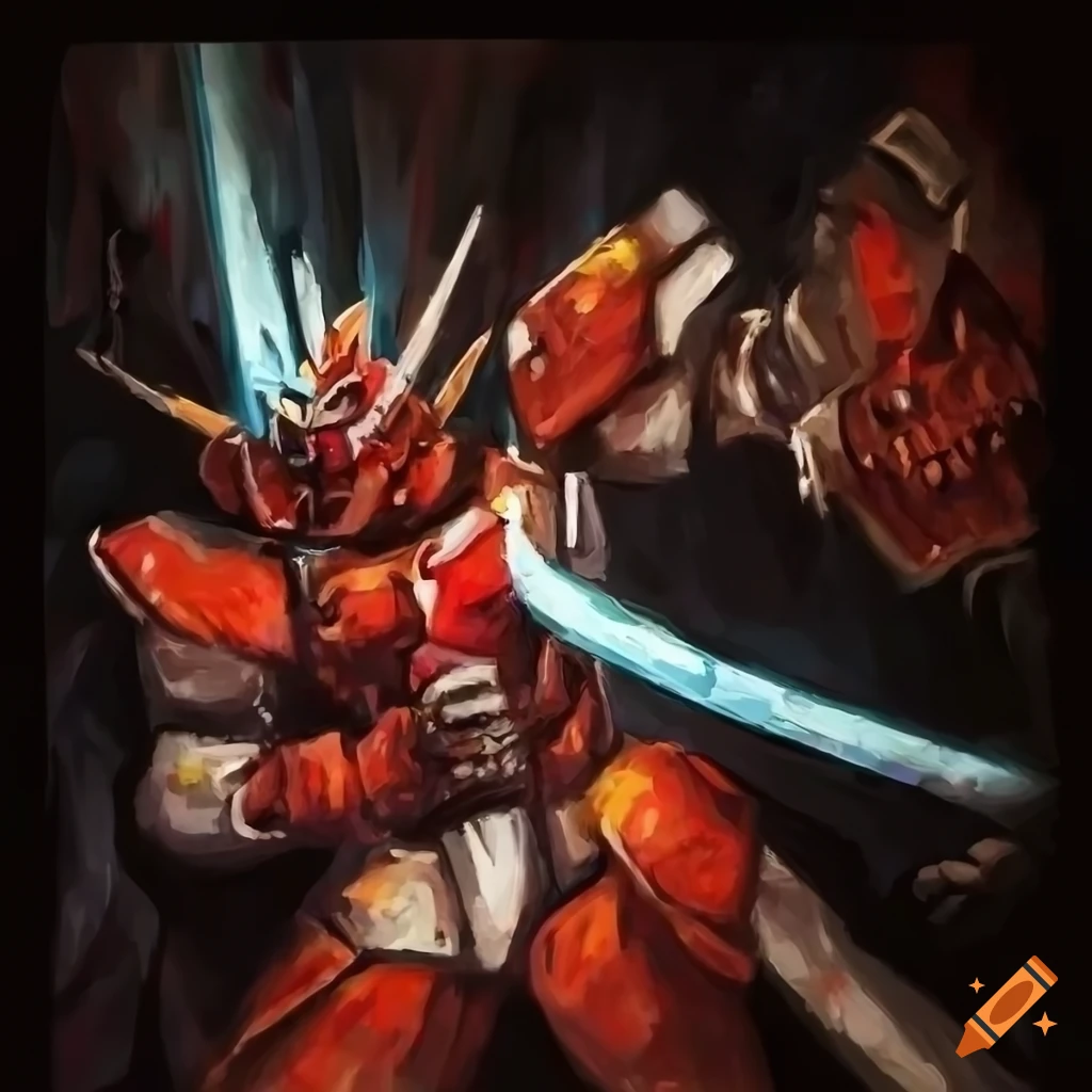 palette knife painting of a white gundam and red orc in sword fight