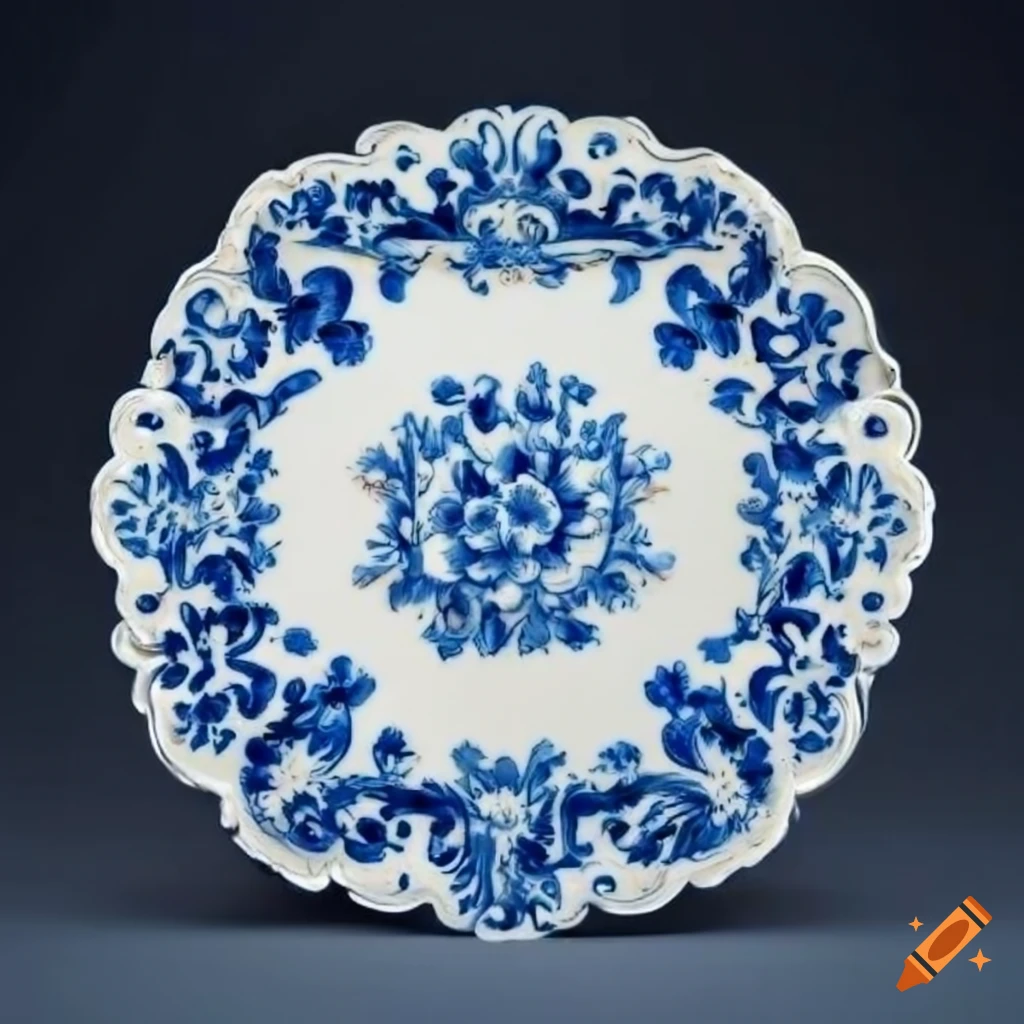 Rococo Ribbon Plate Blue and white rococo plate with relief design on Craiyon