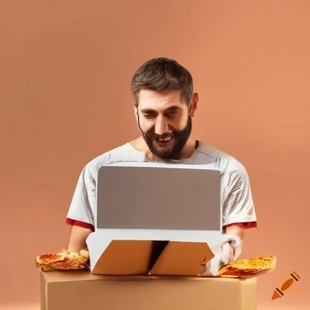 Image of a cyclist pretending to work in a cardboard pizza box with