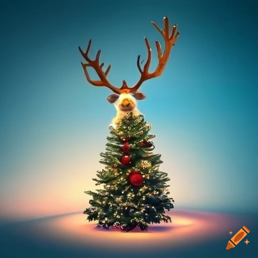 Christmas tree with reindeer head as its peak
