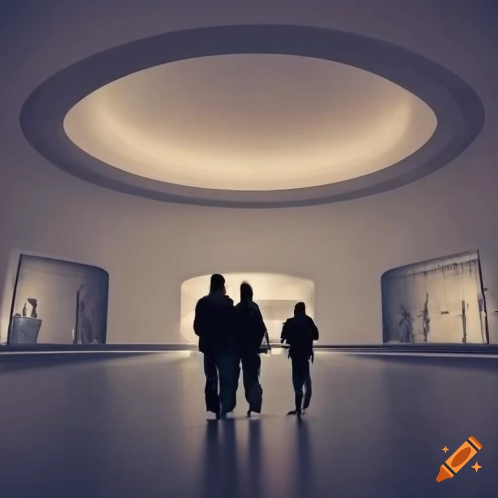 modern museum exhibition with people looking up