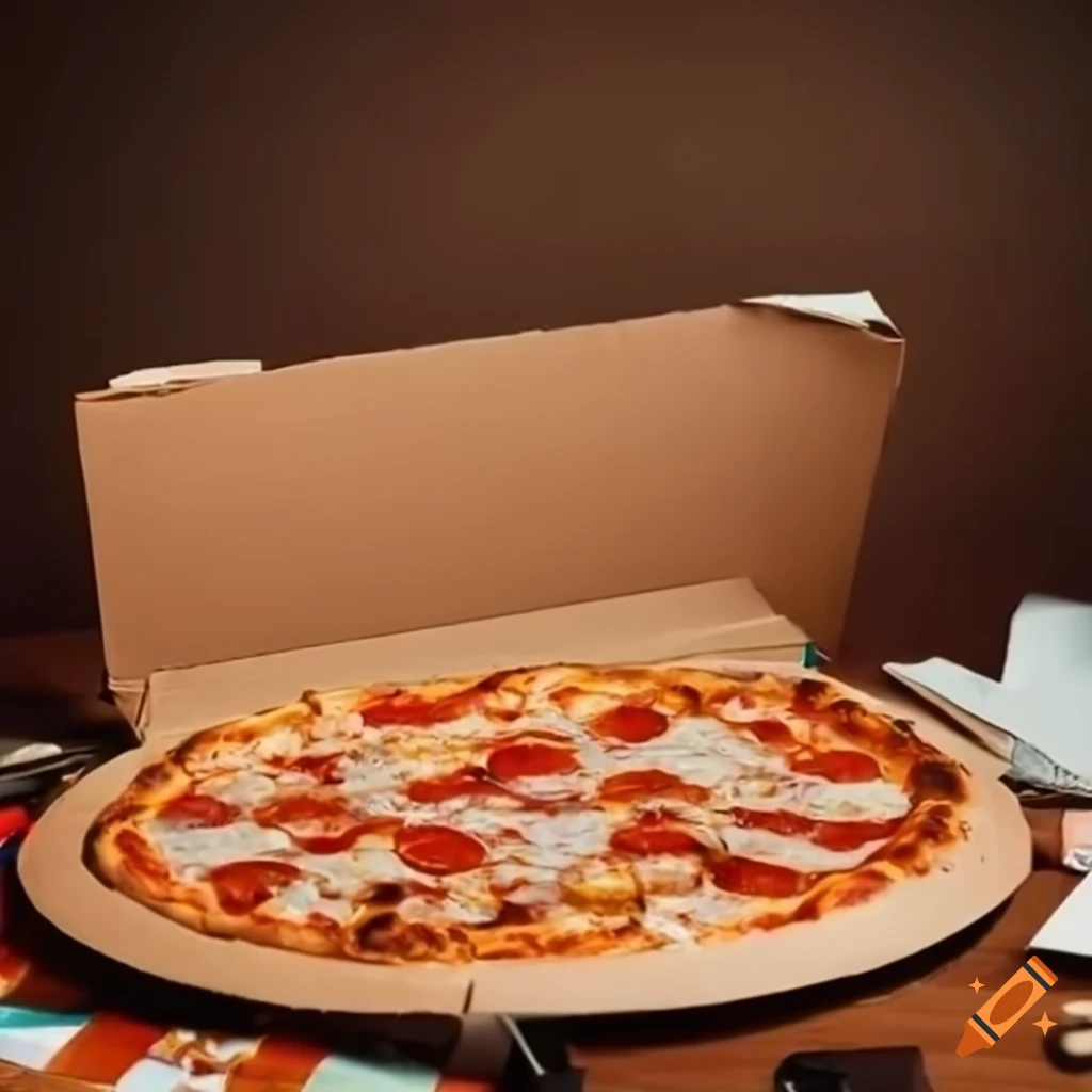 Funny laptop made from a pizza box in a messy living room on Craiyon