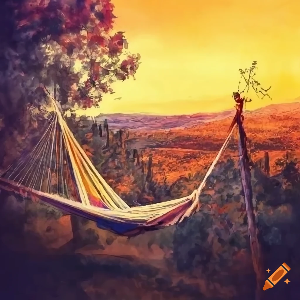 watercolor of a hammock in Tuscany with olive trees and vineyards