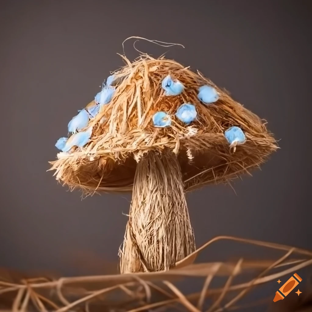 straw mushroom with blue flowers on linen fabric