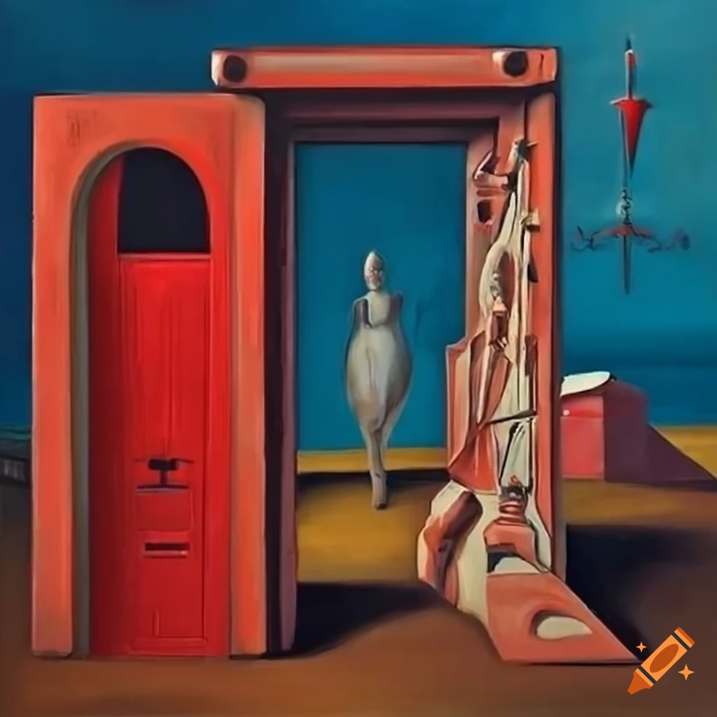 surrealist painting with a striking red door