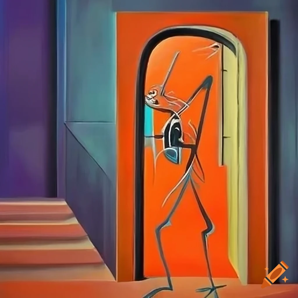 Surrealism painting with an orange door