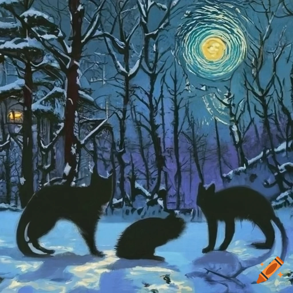 silhouette of three cats in a snowy forest at night