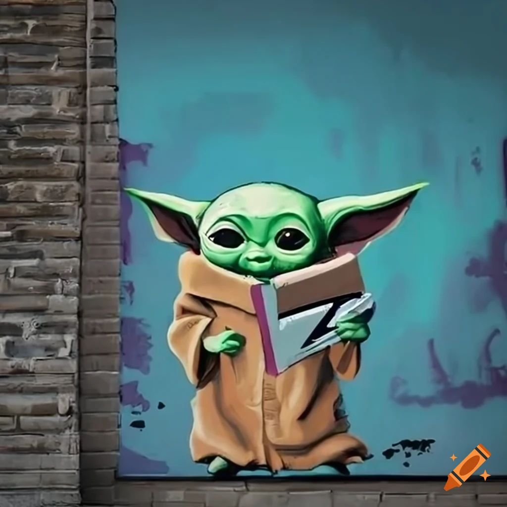 Cute baby yoda reading a book street art on Craiyon
