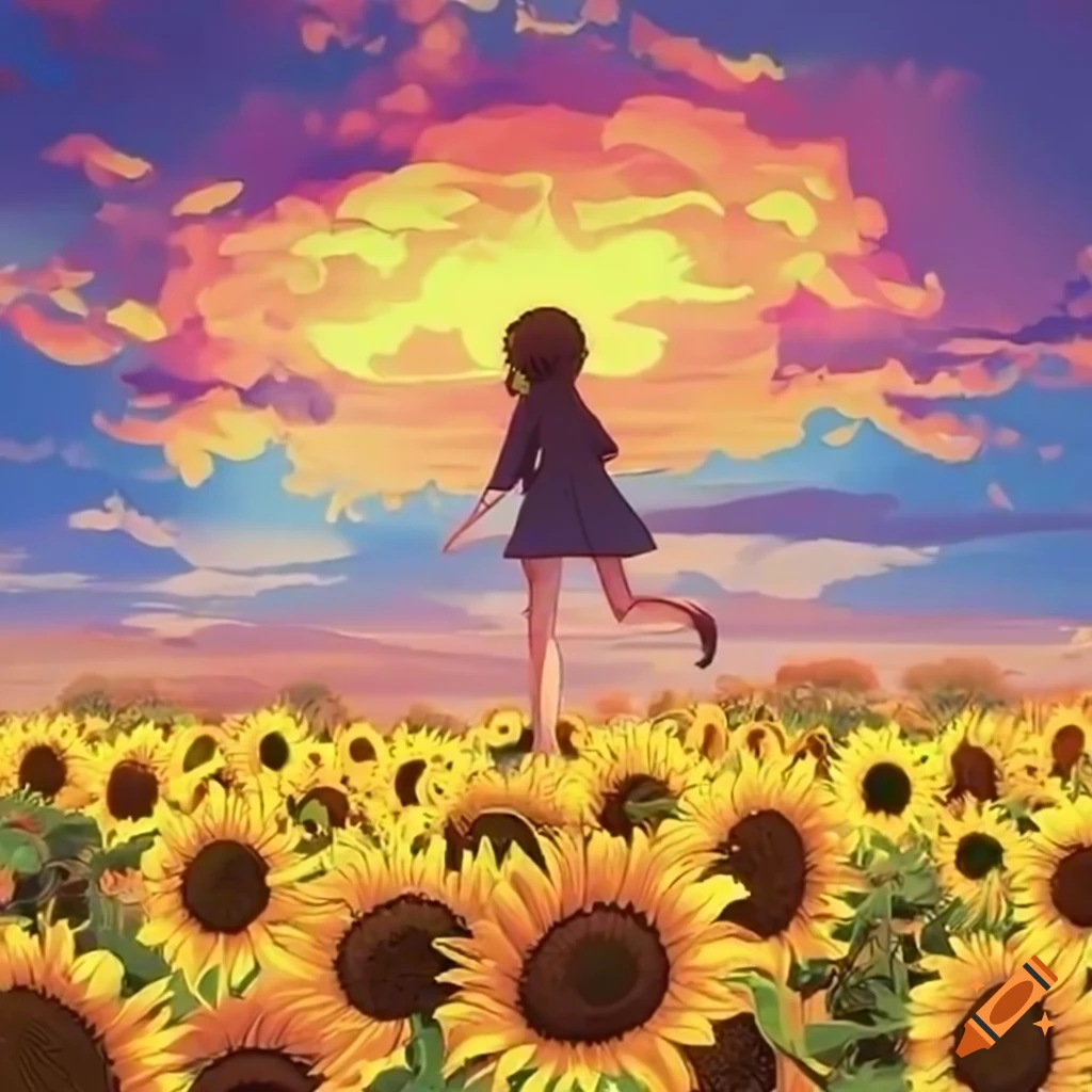 Anime-style world with a flying girl and sunflower field at dawn on Craiyon