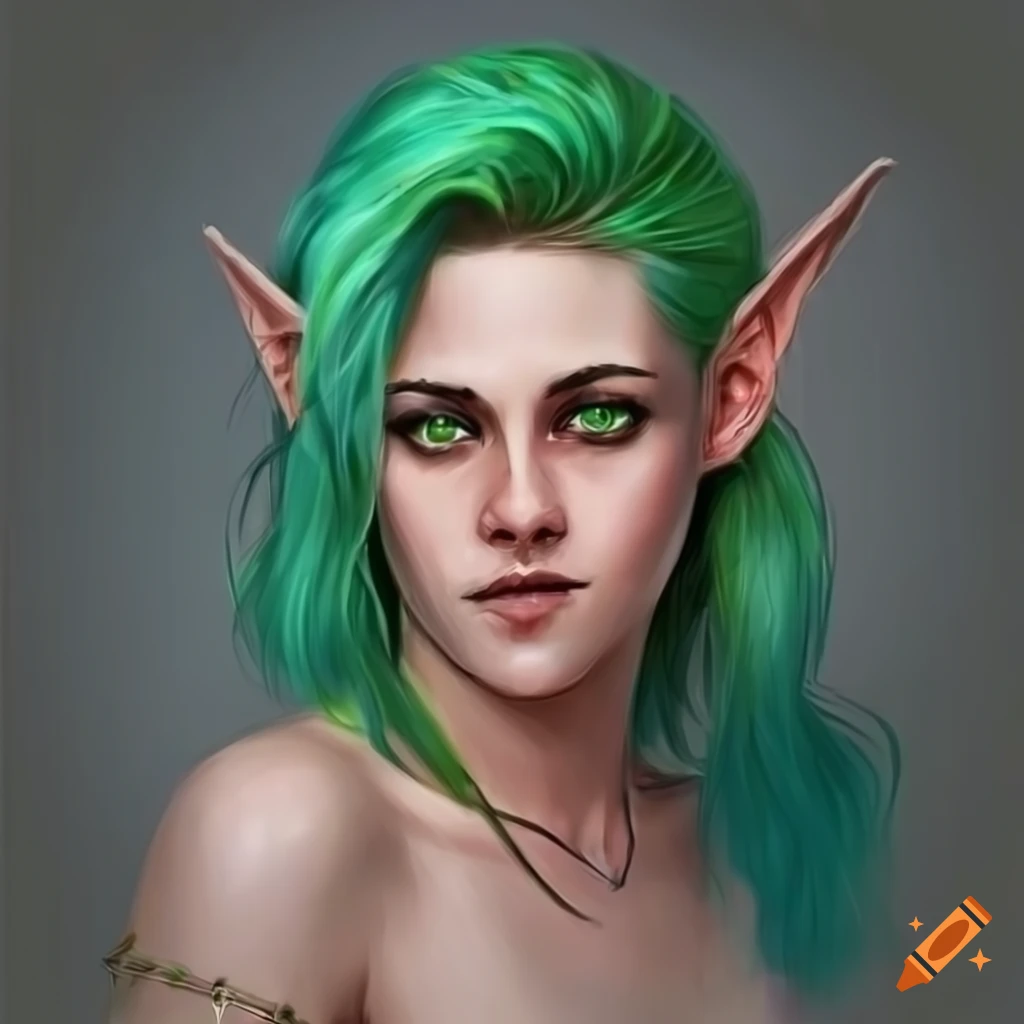 Realistic Art Of Kristen Stewart As A Female Elf With Green Hair On Craiyon