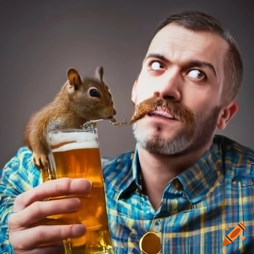 man having a drink with squirrels at a bar