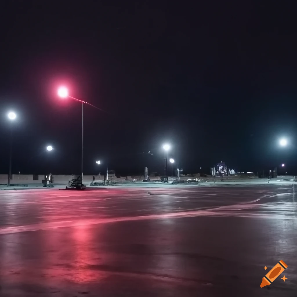 nighttime parking lot with numerous street lamps