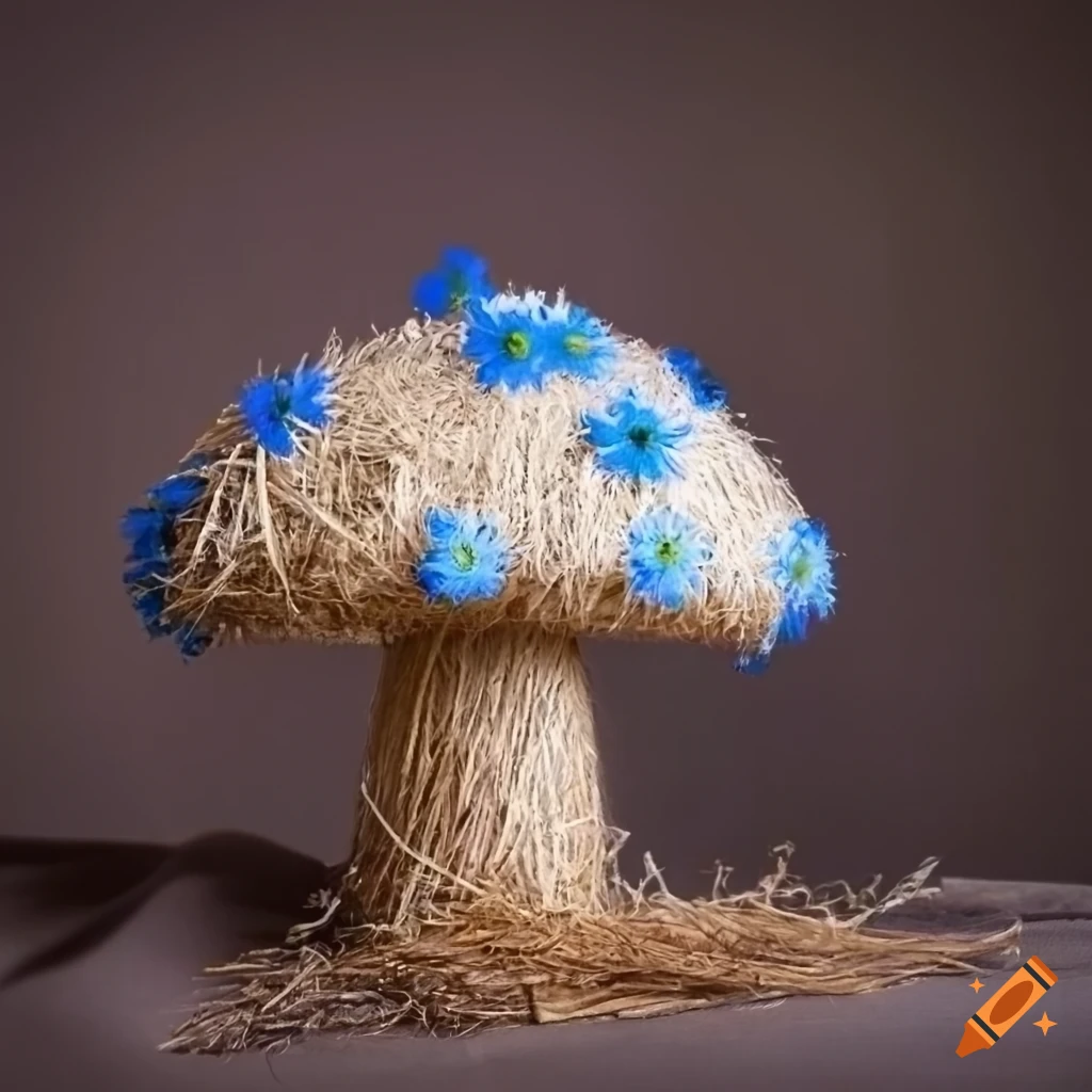 straw mushroom with blue flowers on linen fabric