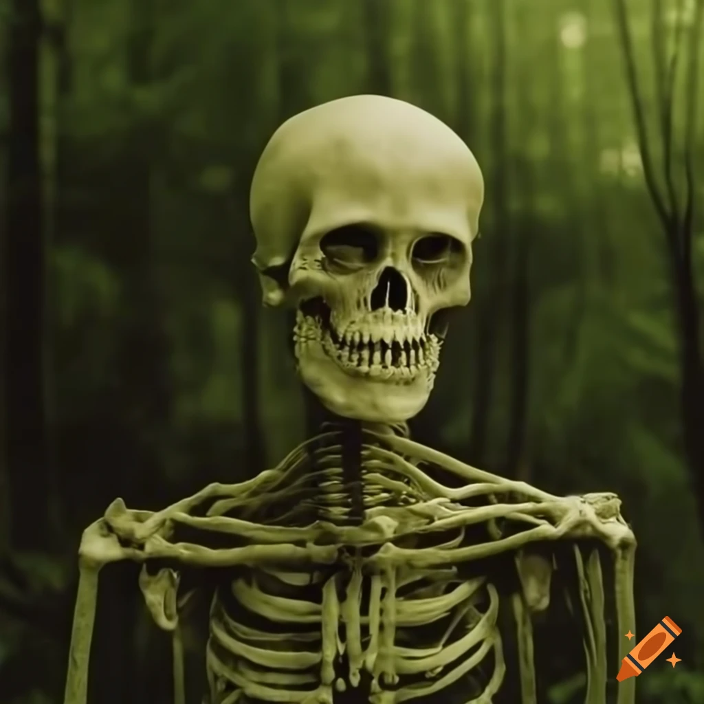 artistic depiction of a moss-covered human skeleton in a forest