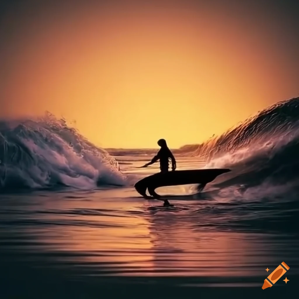 image d'un van au bord de la mer avec des vagues et un surfer