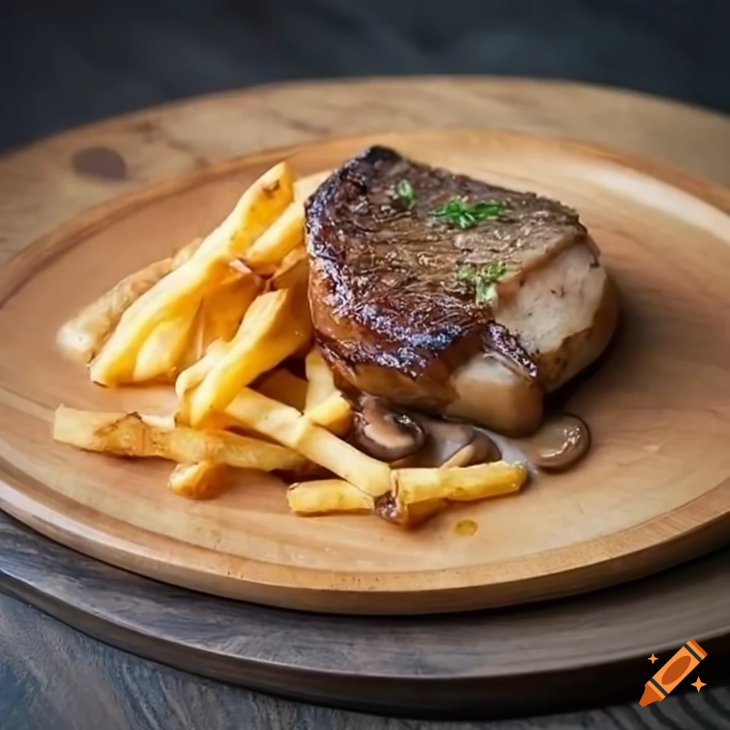 delicious fish filet with mushroom sauce and fries