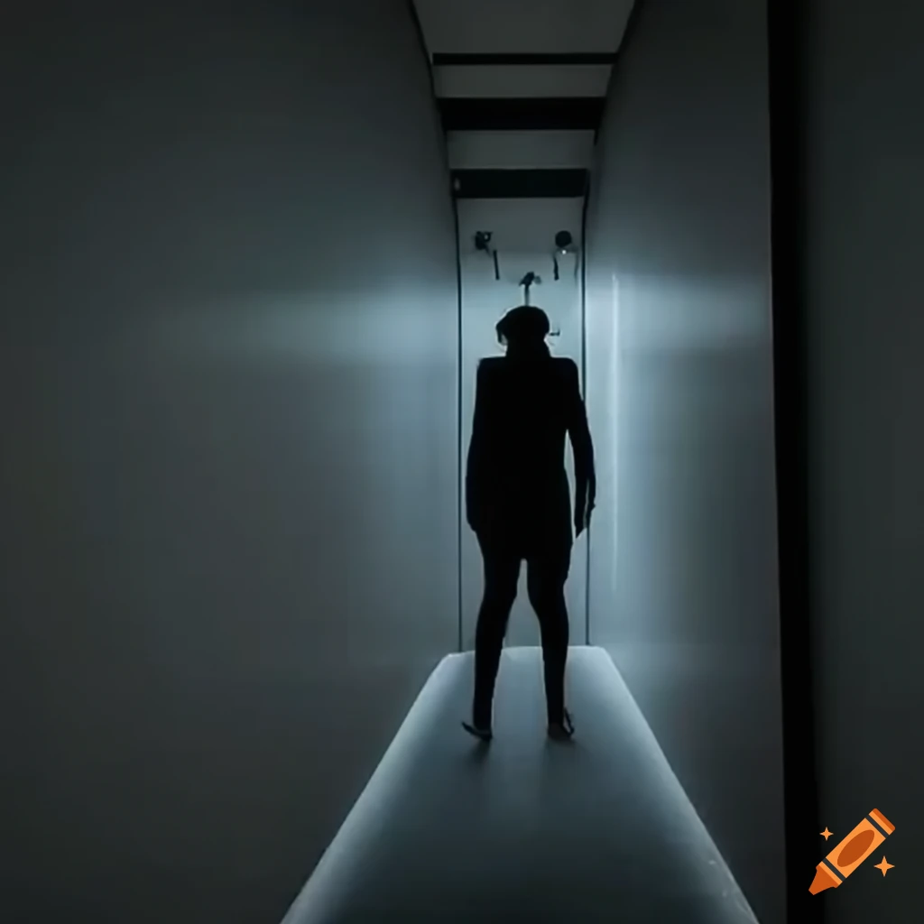 nighttime surveillance footage of a figure in an empty office building