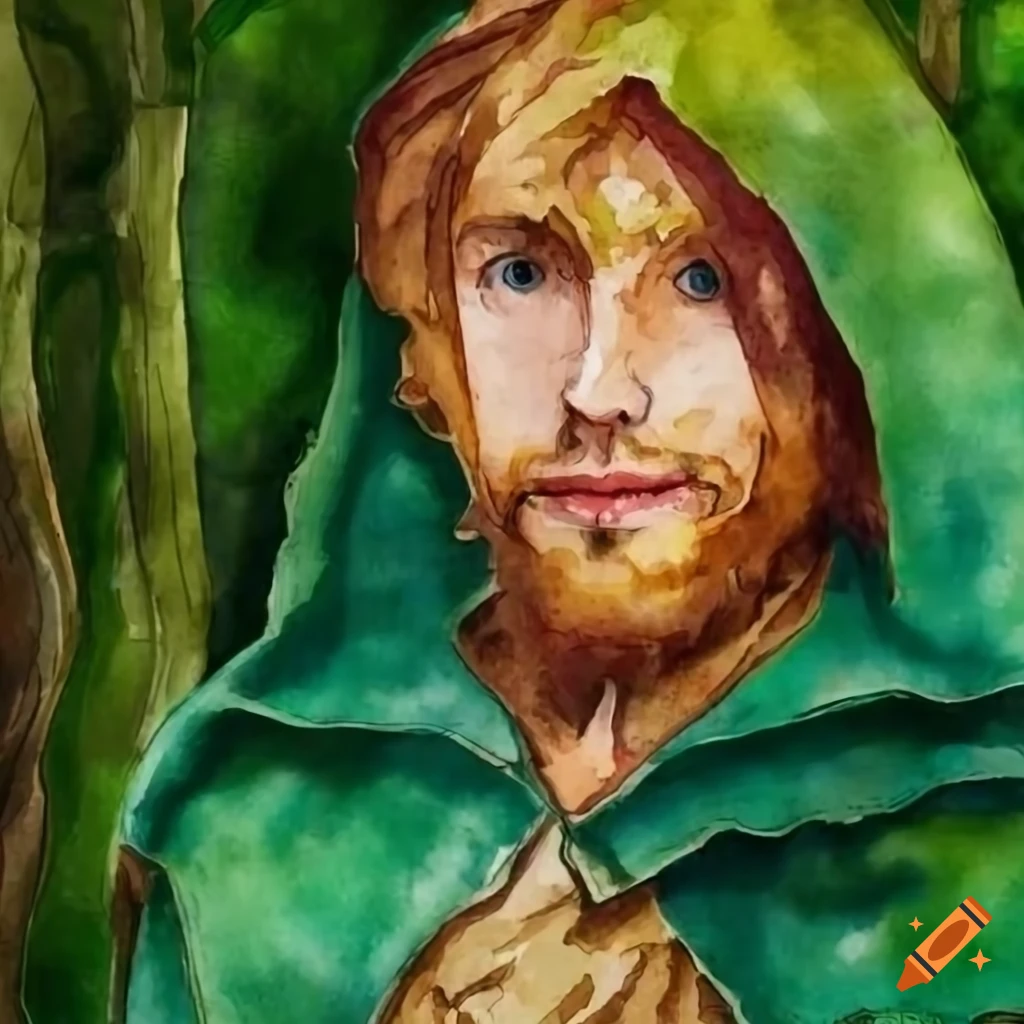 detailed depiction of a human robin hood in a forest
