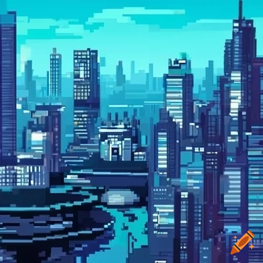 Pixel art of a futuristic city on Craiyon