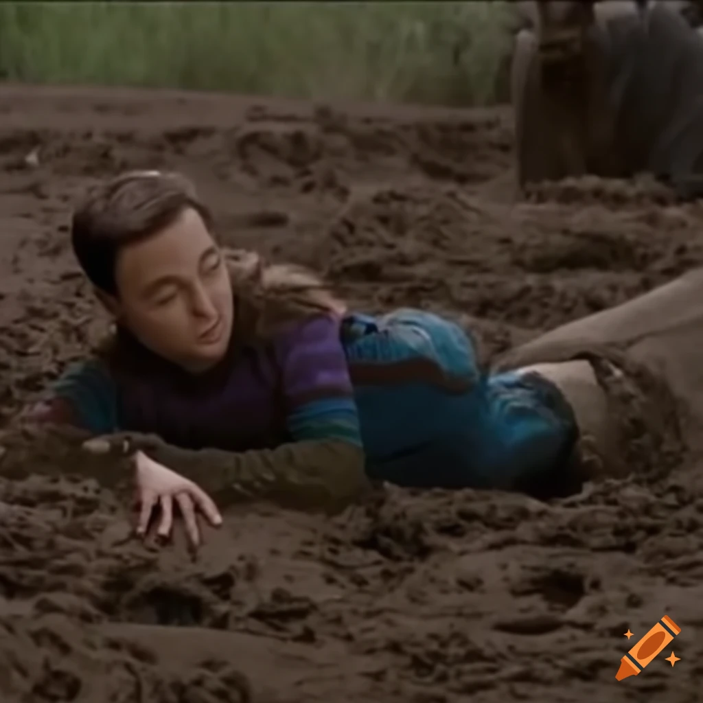 Sheldon cooper from a tv show sleeping in mud on Craiyon
