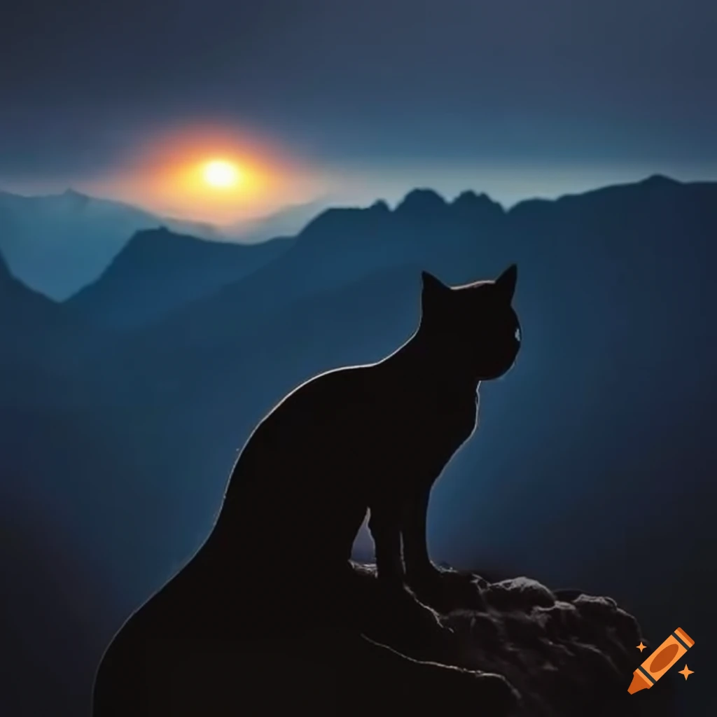 Silhouette of a cat against a majestic mountain backdrop on Craiyon