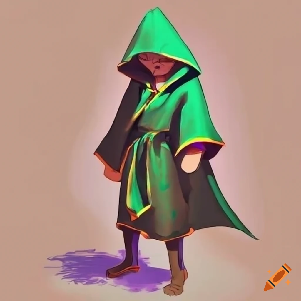 Illustration of a young boy in a green hooded robe with gold patterns