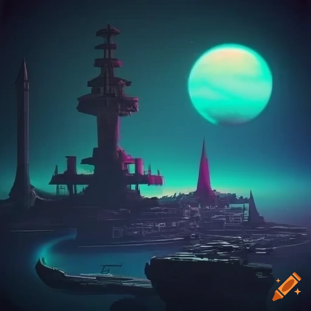 Vaporwave-inspired fantasy landscape with citadel ships in sky
