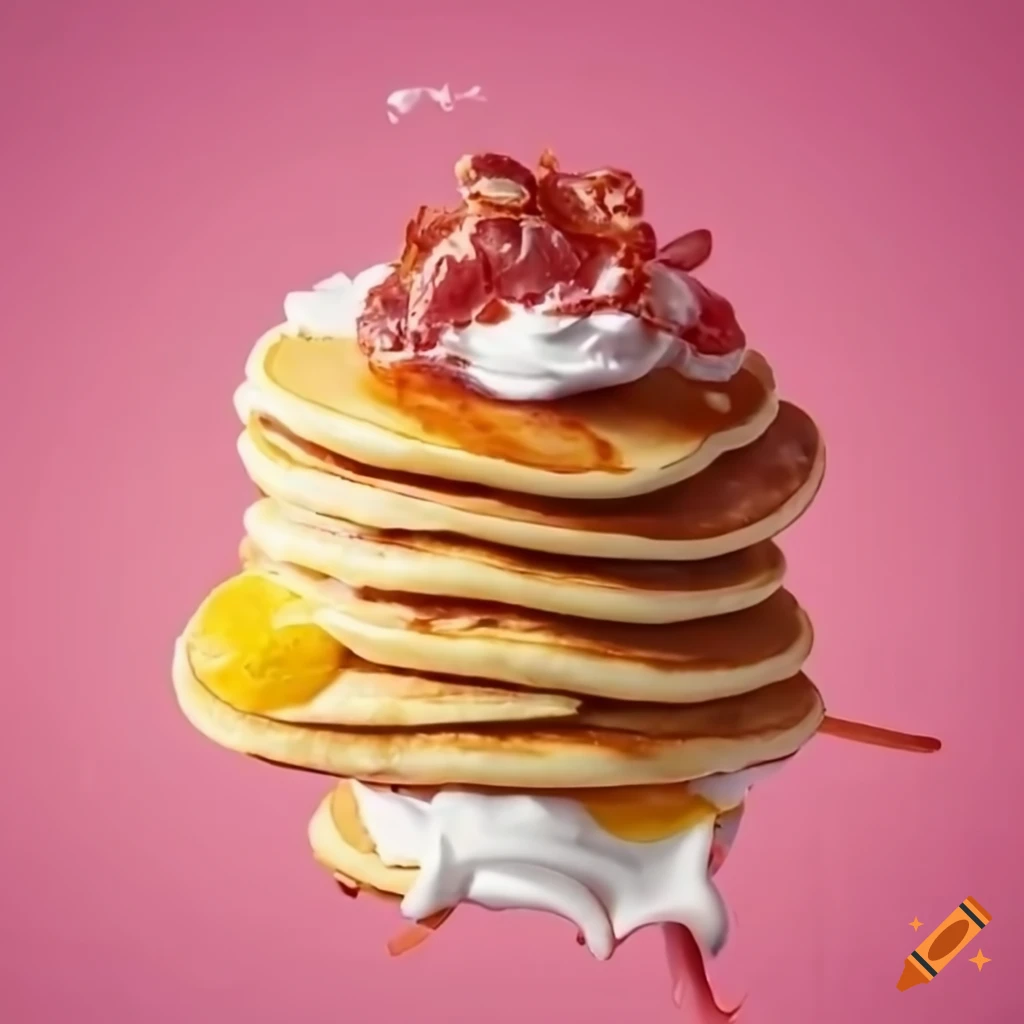 delicious pancake with whipped cream, bacon and cheese