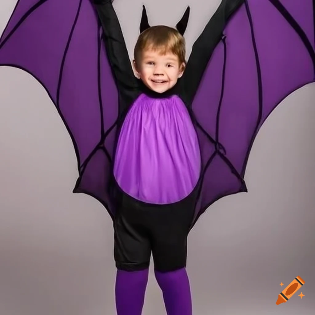 Child wearing a purple and black bat costume