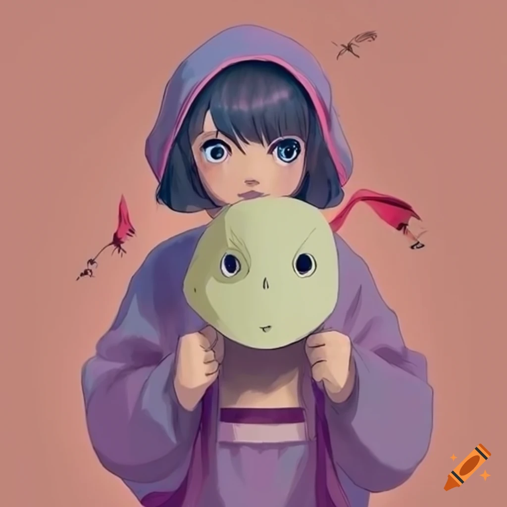 girl holding two masks in Ghibli style
