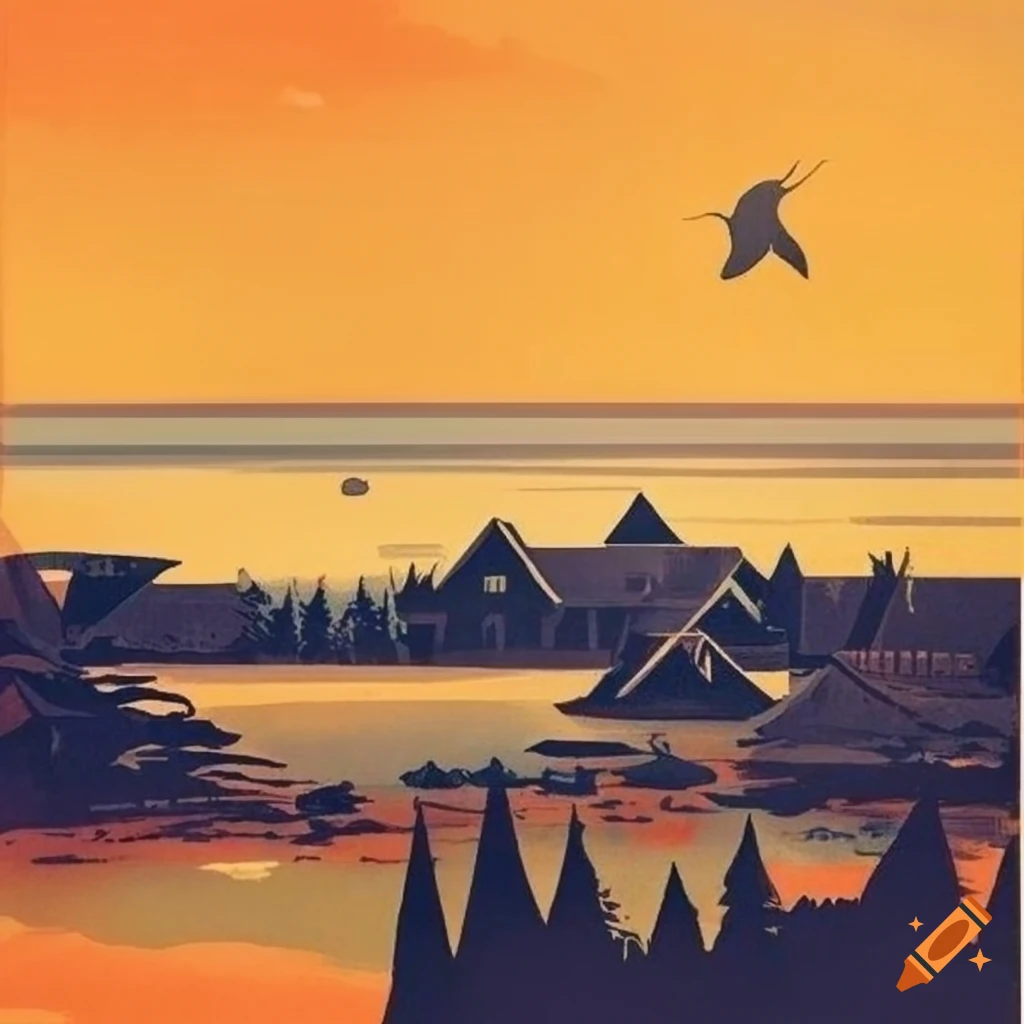vintage travel poster of a forest lodge with a view of the sea