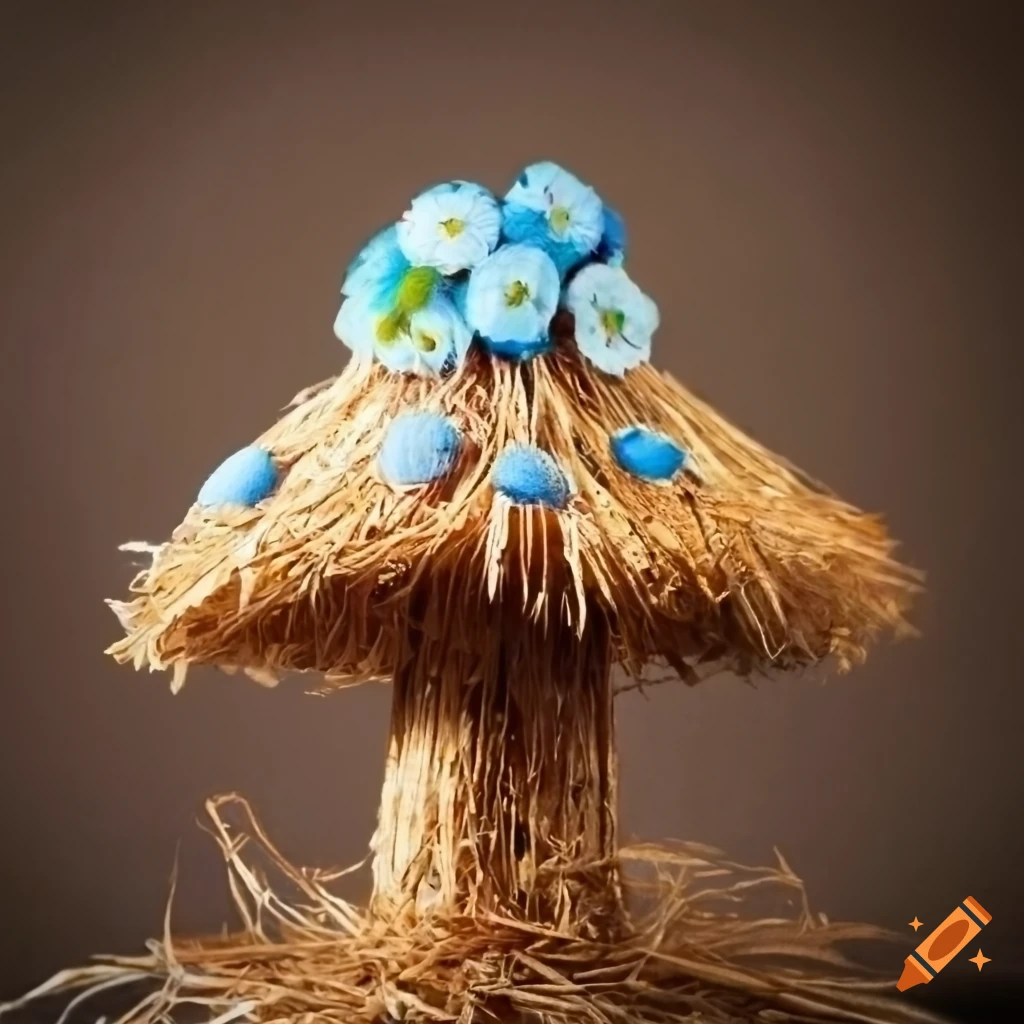 straw mushroom with blue flowers on fabric