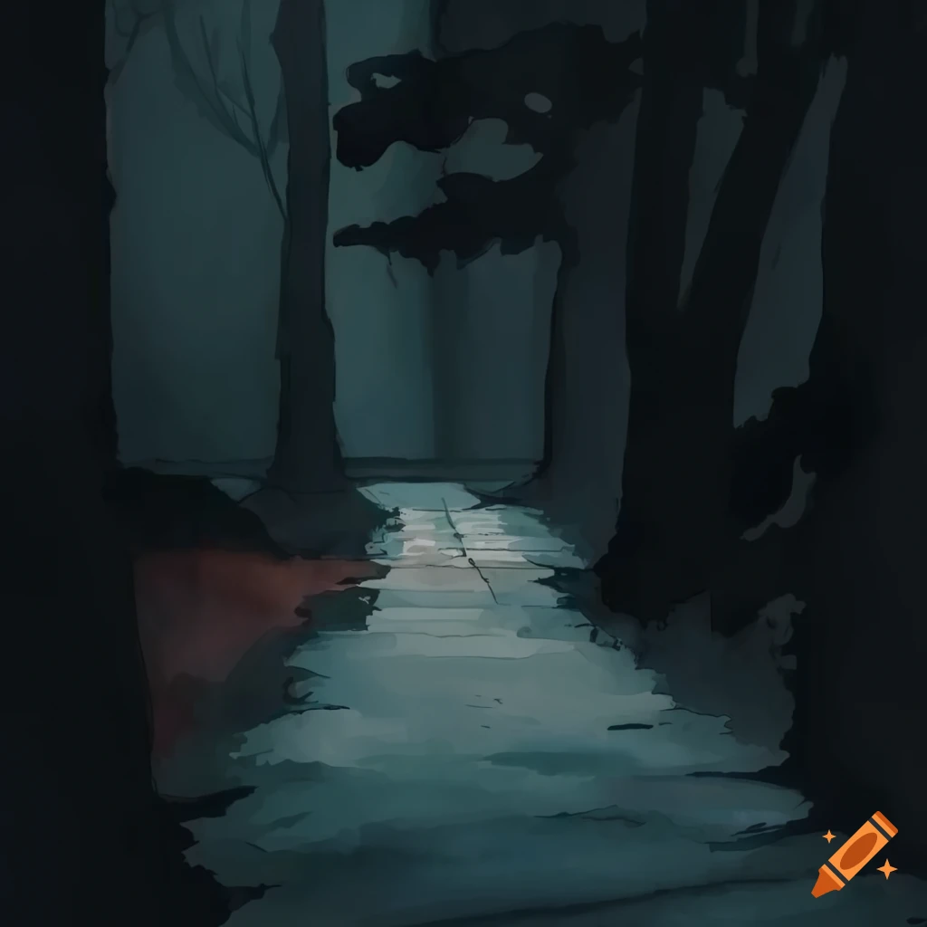 watercolor art of a park with a foot path and stairs in the distance