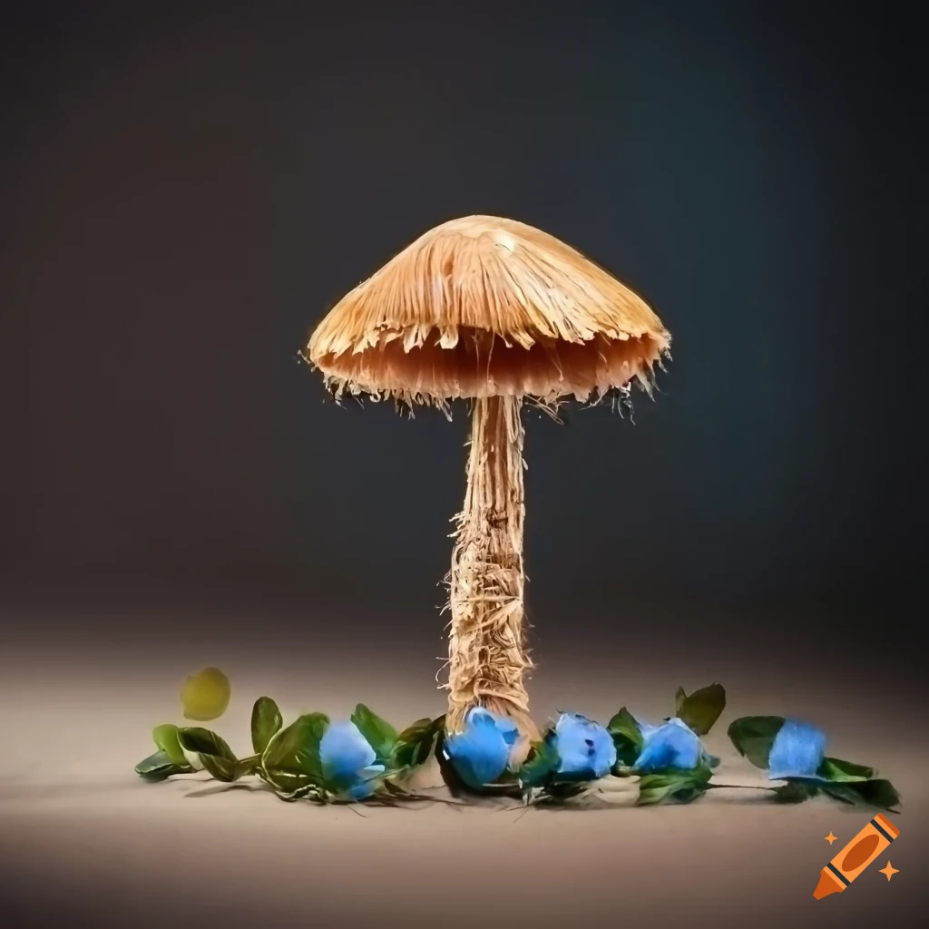 straw mushroom with blue flowers on linen fabric