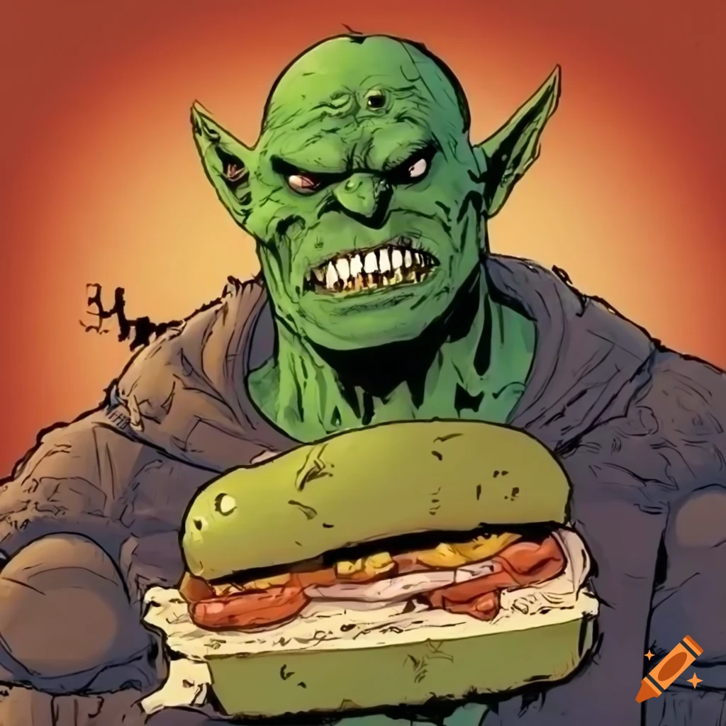 comic strip of an Orc building a giant sandwich