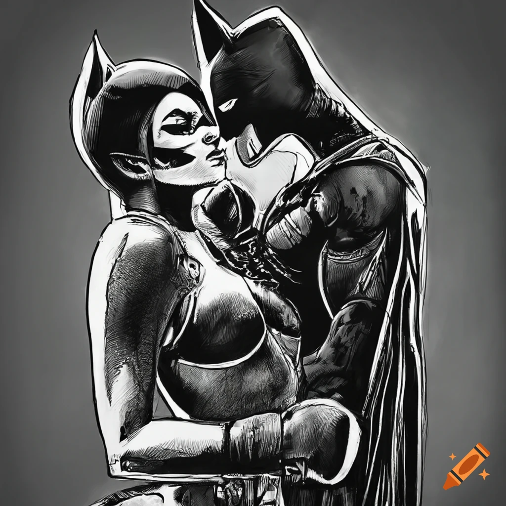 black and white ink drawing of Catwoman and Batman boxing