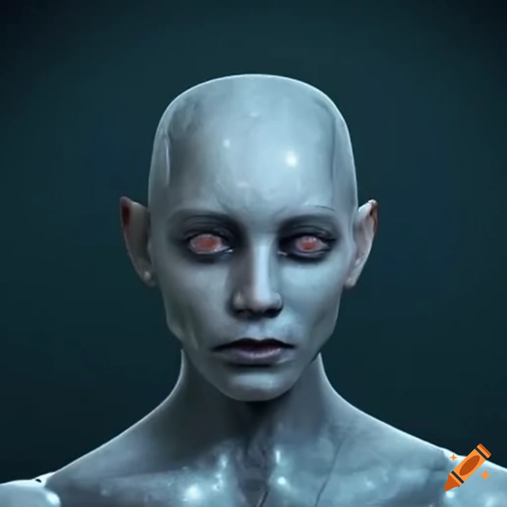 Grey skinned humanoid with computer like features on craiyon