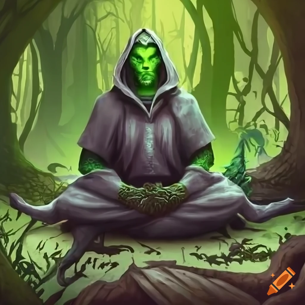 image of a dragonborn sorcerer meditating in a jungle