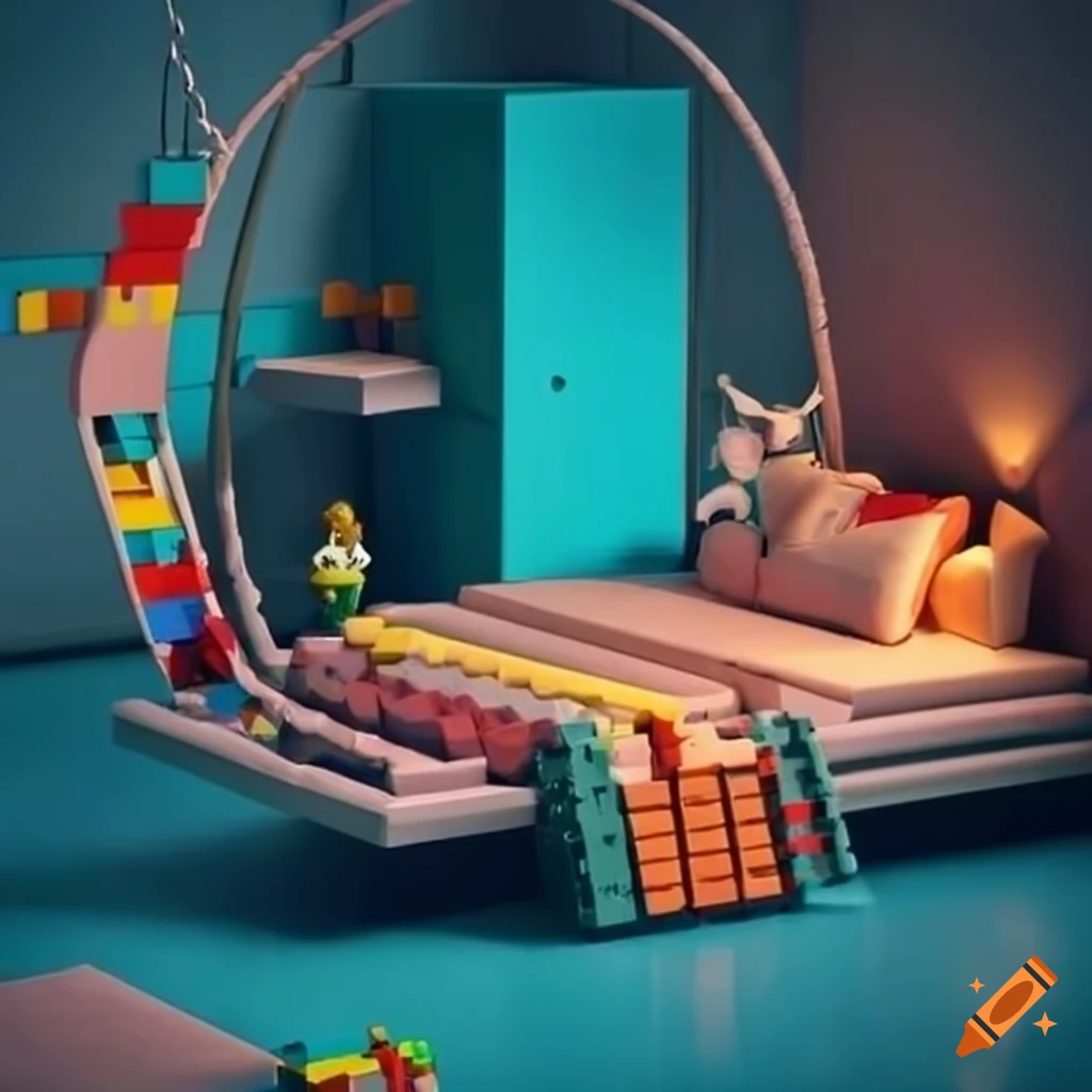 Modern Bedroom With Hanging Chair And Lego Decorations modern-bedroom-with-hanging-chair-and-lego-decorations