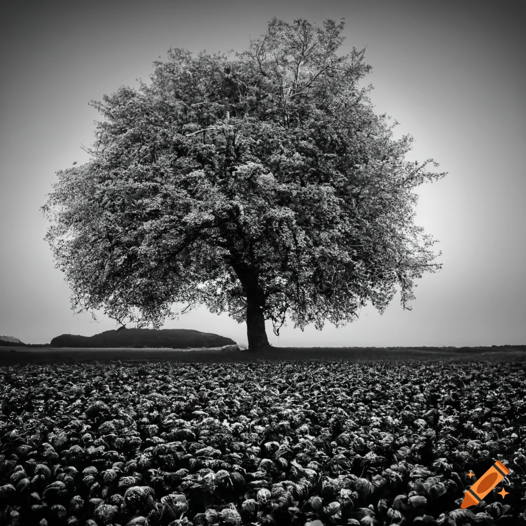 black and white photo of an orange tree in a field
